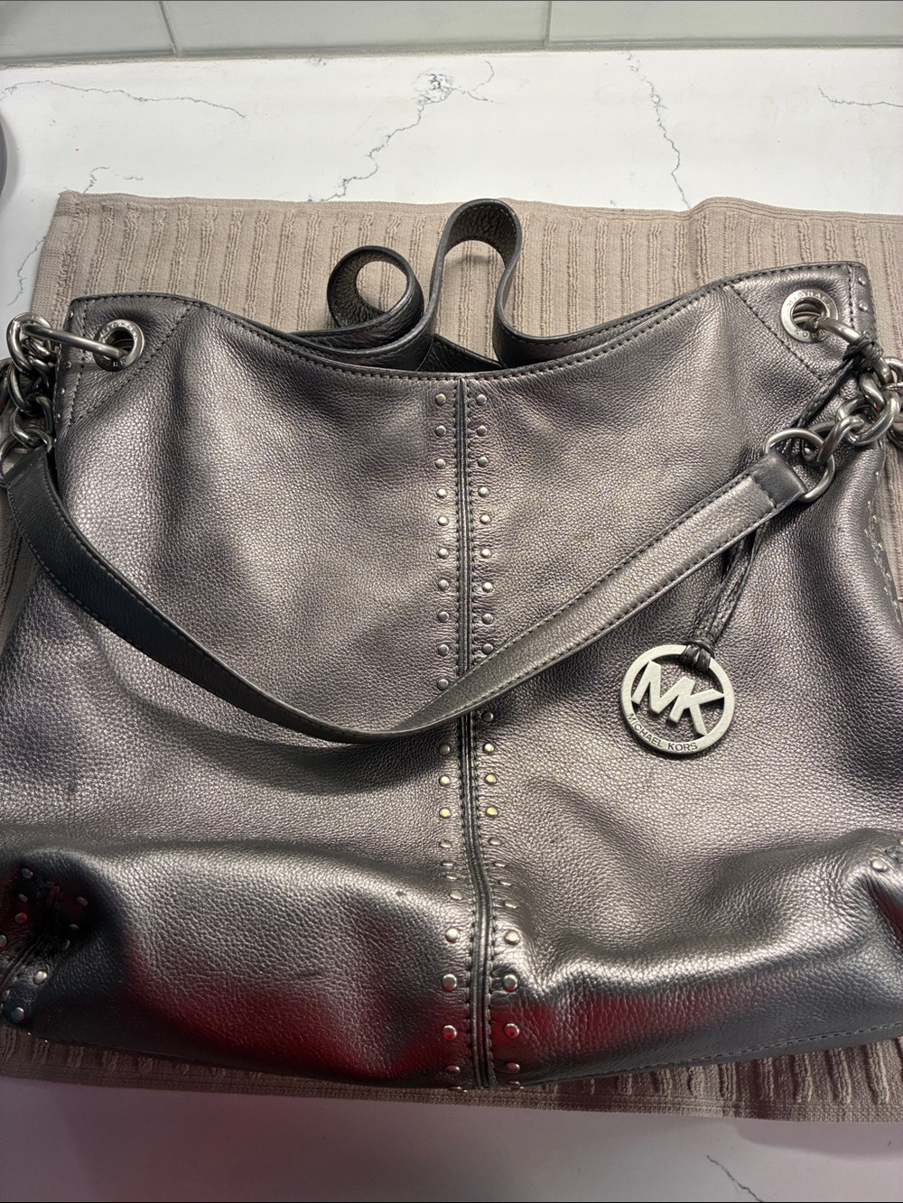 Michael Kors Metallic Pewter Studded Leather Shoulder Bag - Picture 4 of 4